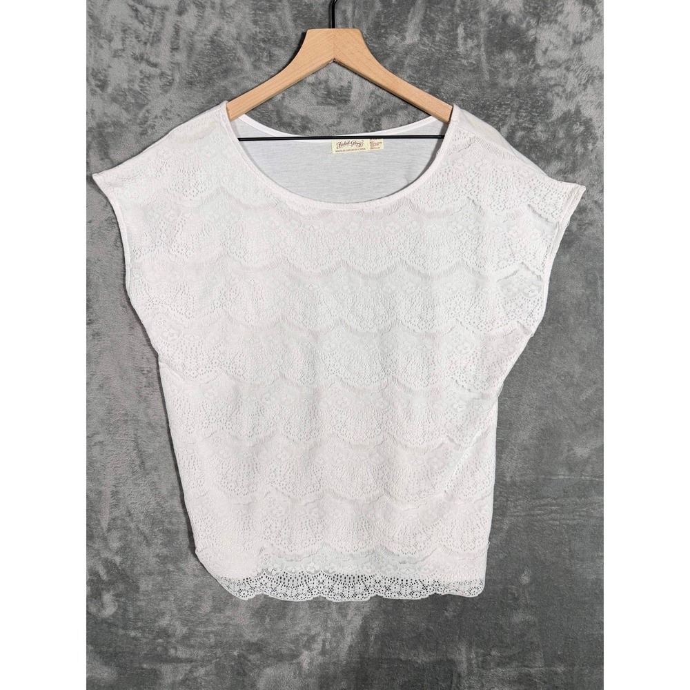 Faded Glory Womens Top XL 16 18 White Lace Scalloped Hem Short Sleeve